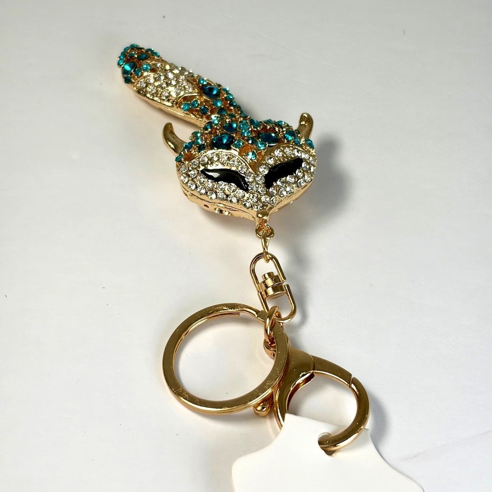 Boutique Fox Keychain Moving Tail Teal Rhinestone Gold Bling Bag Charm Y2K Gift